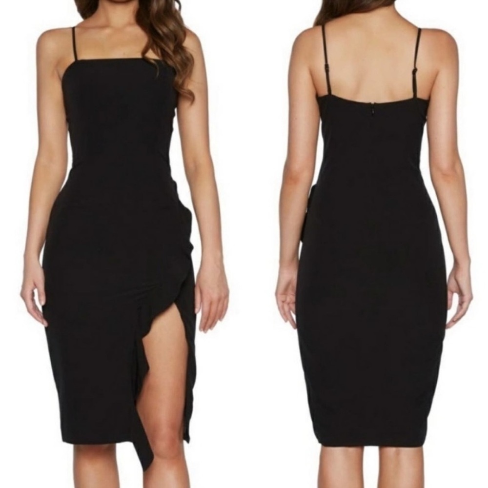 Bardot Carmelle Black Strappy High Slit Ruffle Cocktail Occasion Dress Size 12